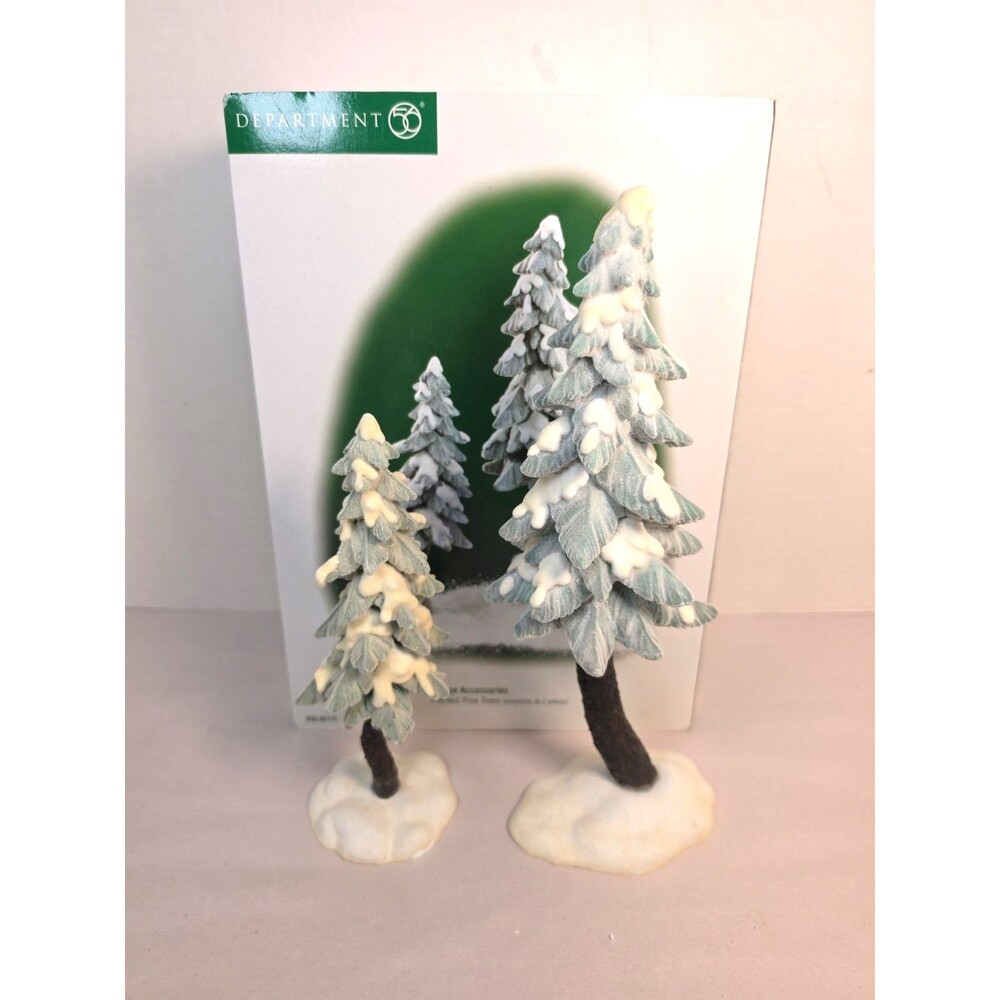 Vintage Dept 56 Pair of Porcelain Flocked Pine Trees 56715 Village Accessories